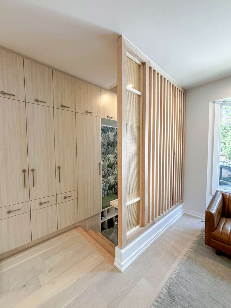 Lovely finished birch mudroom / entryway storage closets. - Milton, Ontario Designed by: Pampa Construction
